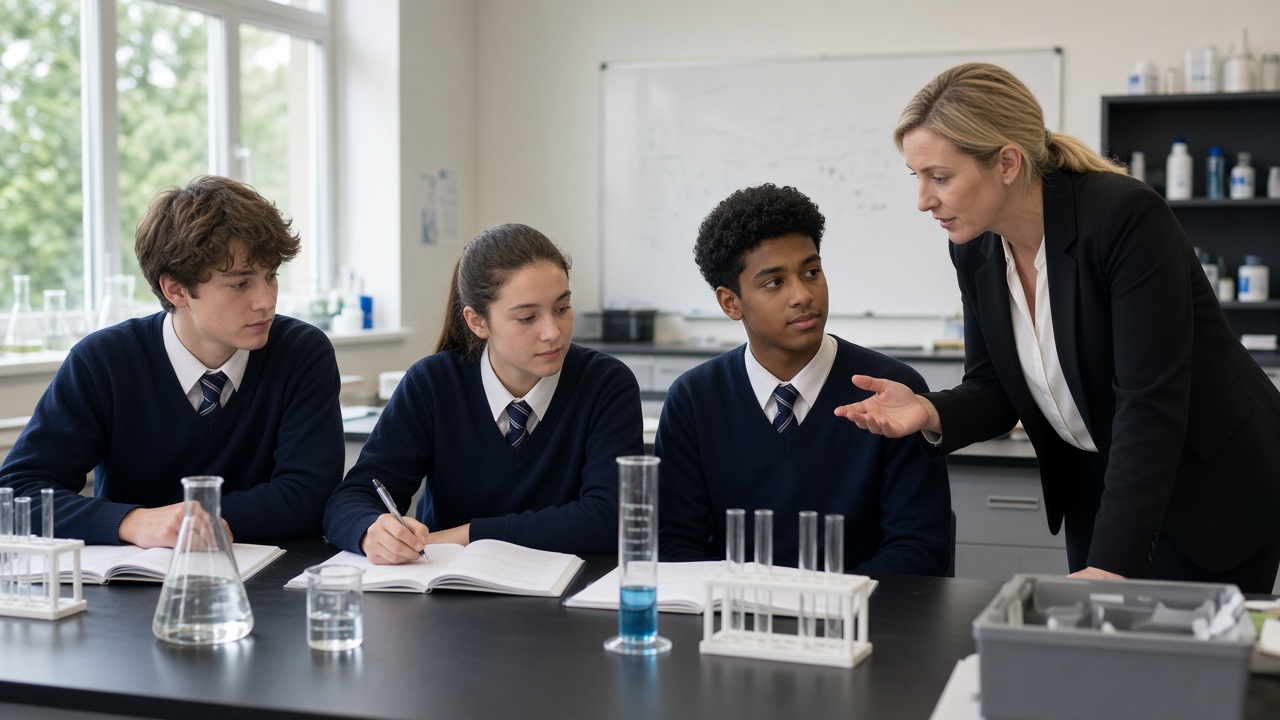 Secondary science classroom with teenagers and a teacher