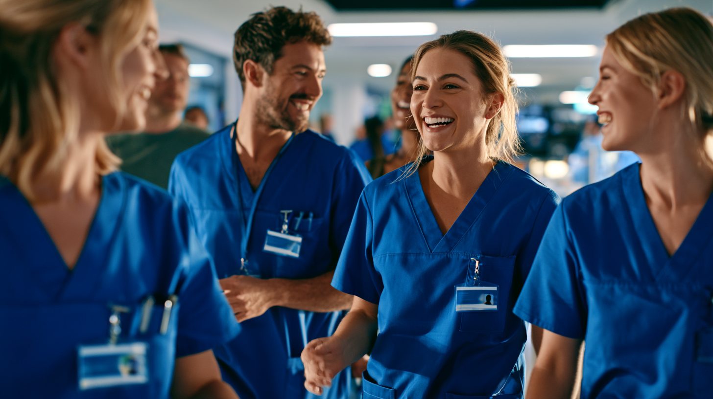 Healthcare staff in a hospital corridor