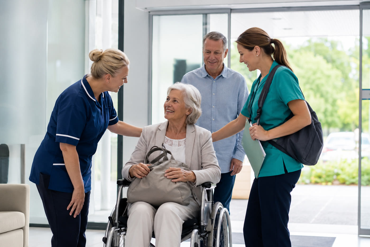 Safe transition home — continuity from ward to community. Care team supporting an elderly woman in a wheelchair during hospital discharge with a family member present