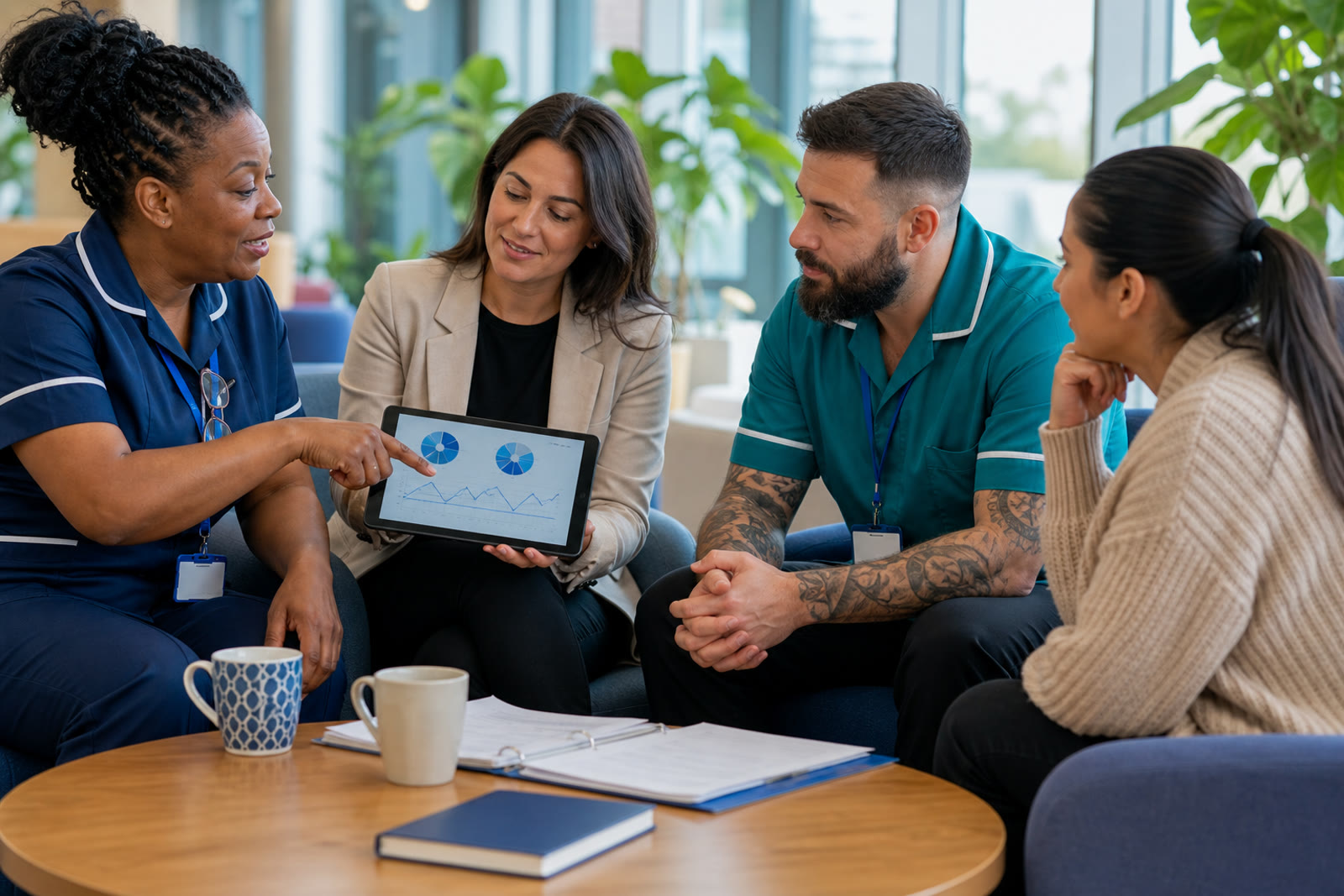 Clinical and operational colleagues reviewing governance performance data together on a tablet