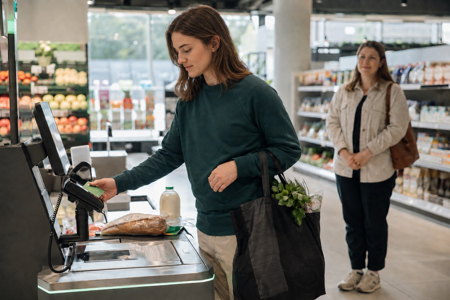 Person using a supermarket self-checkout, practising everyday independence and community life skills
